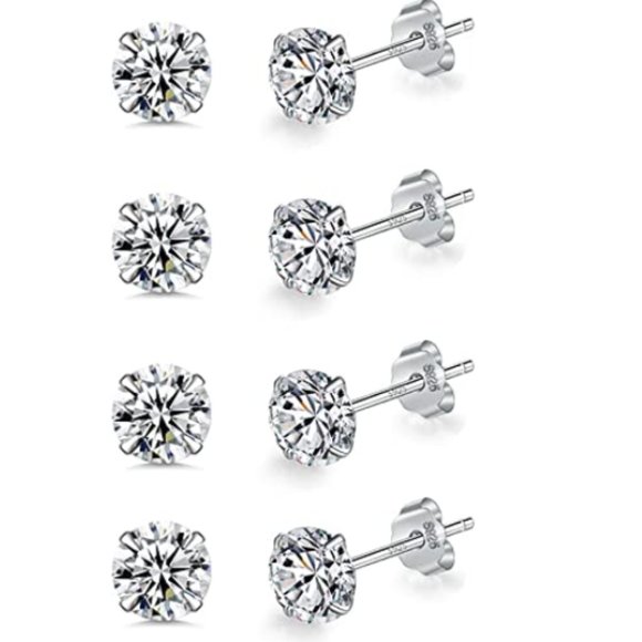 SET OF 4 925 STERLING SILVER DIAMOND STUD EARRINGS